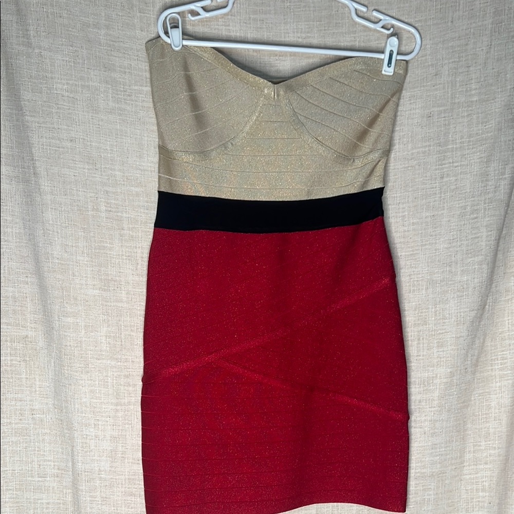 BEBE Bodycon Elegant Red and Gold Strapless Bandage Dress Size XL